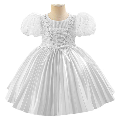 Baby Girls Princess Puff Sleeves Satin Faux Pearls Pleated Tulle Dress (9M-5YRS)