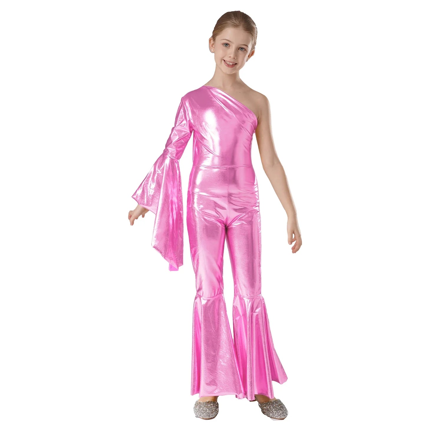 Girls Dance Metallic One Shoulder Bell-Bottom Jumpsuit (Age 6-16YRS)