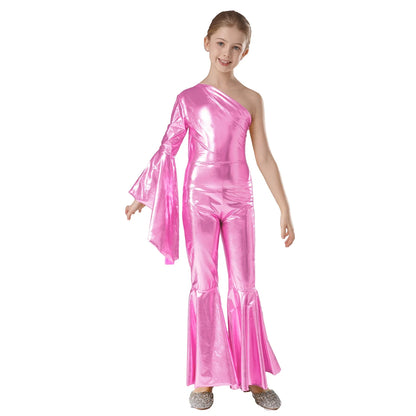 Girls Dance Metallic One Shoulder Bell-Bottom Jumpsuit (Age 6-16YRS)