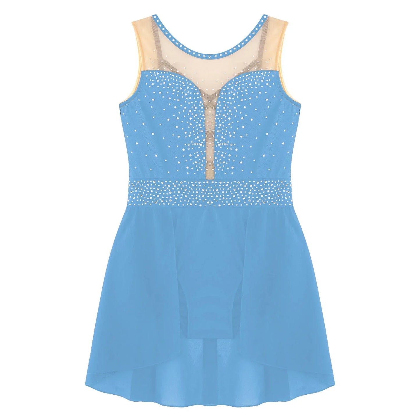 Rhinestone Gymnastics Figure Skating Dress for Teen Girls Sleeveless Sheer Mesh Tutu Ballet Leotard Lyrical Performance Costume