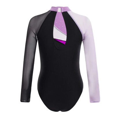 Girls Ballet Dance Leotard Gymnastics  Rhinestones Sheer Mesh Long Sleeve (Age 4-16 YRS)