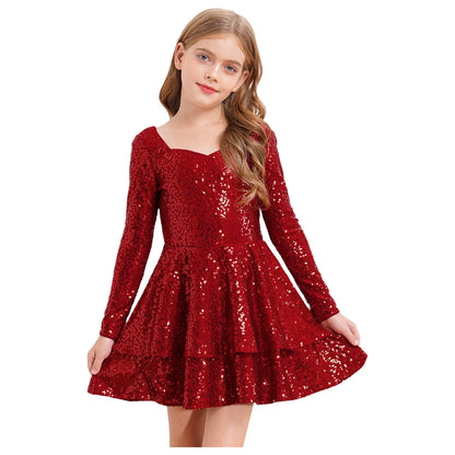 Girls Sequin Long Sleeve Double Layer Hemline Dress (Age 6-14 YRS)