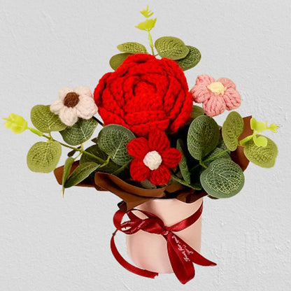 Handmade Crochet Knitted Flower Bouquet,Rose & Sunflower Bouquet - Home Decor & Gift for Woman Wife Mom Red