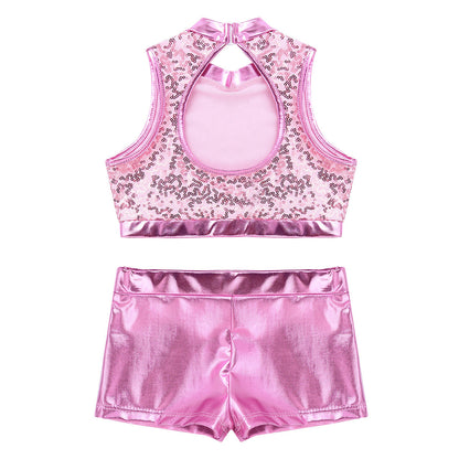 Girls Dance Costume Sequin Crop Top & Shorts Set (Age 6-12 YRS)