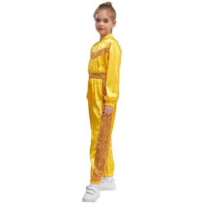 Girls Sequin Satin m Long Sleeve Zipper Jumpsuit (Age 6-16 YRS)