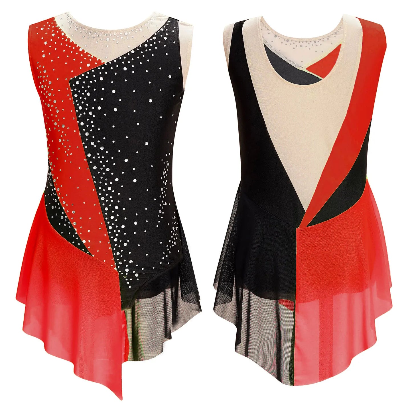 Rhinestone Gymnastics Figure Skating Dress for Teen Girls Sleeveless Sheer Mesh Tutu Ballet Leotard Lyrical Performance Costume