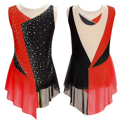 Rhinestone Gymnastics Figure Skating Dress for Teen Girls Sleeveless Sheer Mesh Tutu Ballet Leotard Lyrical Performance Costume
