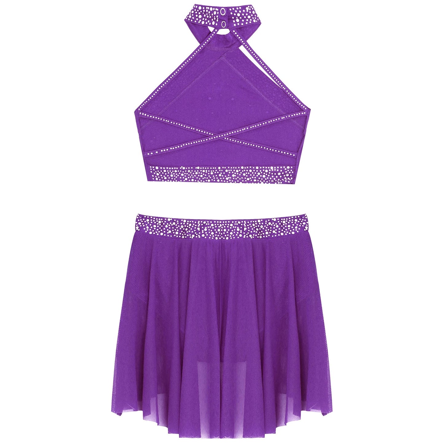 Girls Rhinestones Dance Outfit Tops & Skirt Set (Age 6-16 YRS)