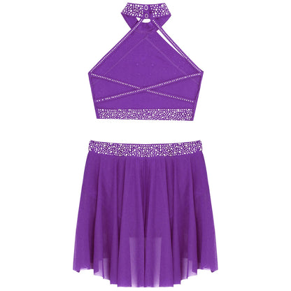 Girls Rhinestones Dance Outfit Tops & Skirt Set (Age 6-16 YRS)