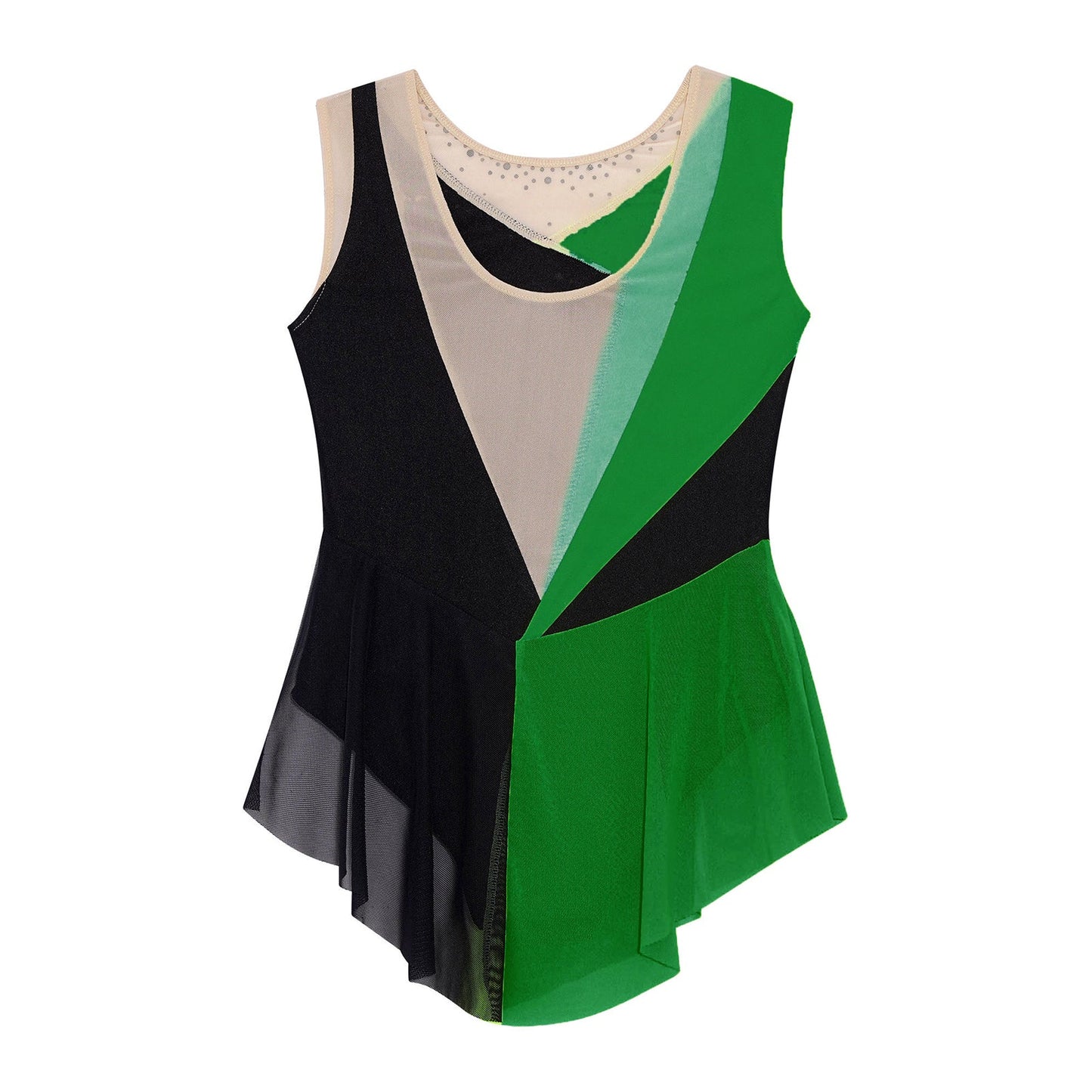 Rhinestone Gymnastics Figure Skating Dress for Teen Girls Sleeveless Sheer Mesh Tutu Ballet Leotard Lyrical Performance Costume