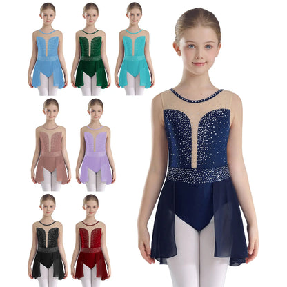 Rhinestone Gymnastics Figure Skating Dress for Teen Girls Sleeveless Sheer Mesh Tutu Ballet Leotard Lyrical Performance Costume