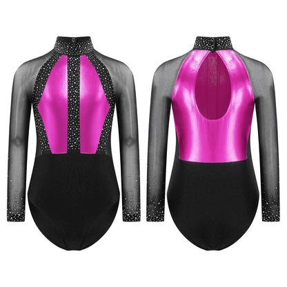 Girls Dance Performance Costume Long Sleeve Rhinestone Leotard (Age 6-16 YRS)