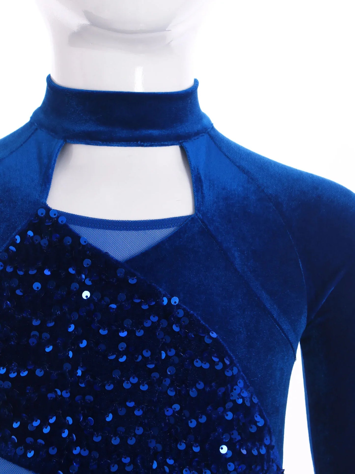 Girls Figure Skating Dance Costume Sequin Long Sleeve Velvet Mesh Leotard Dress (Age 6-14 YRS)