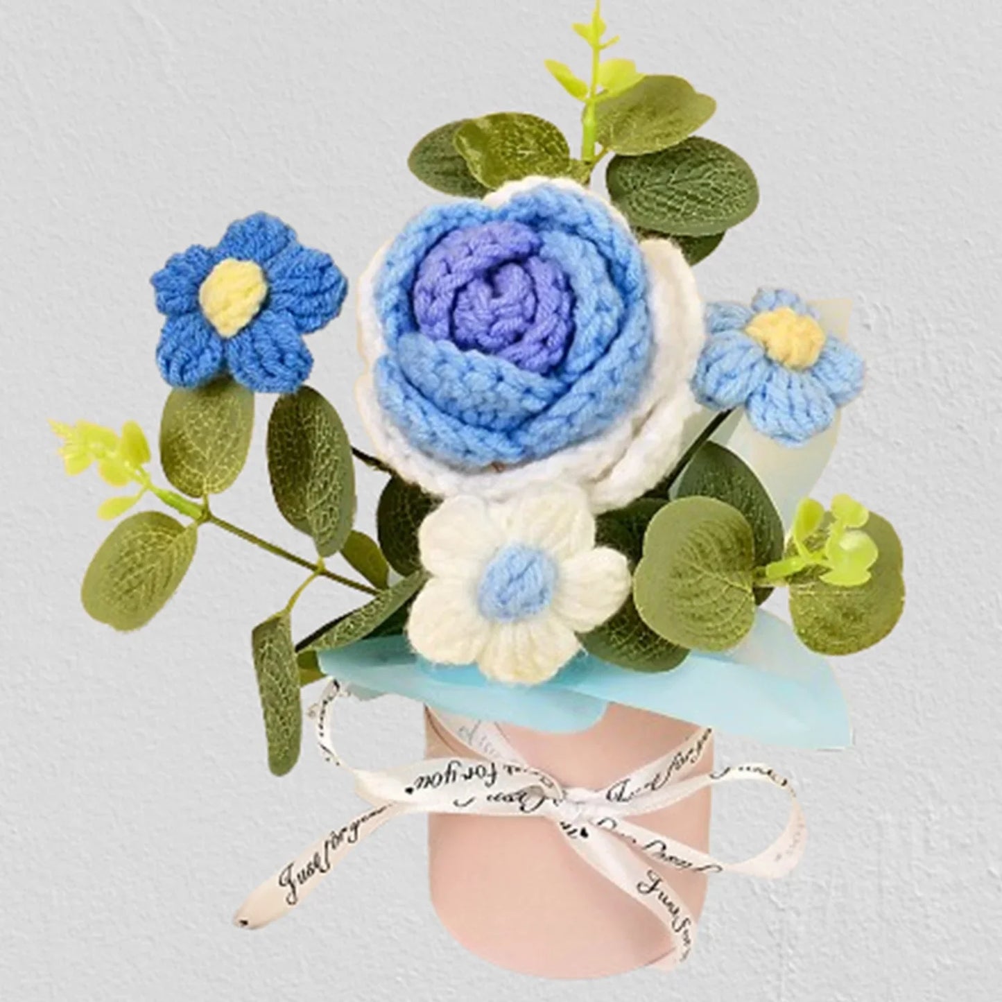 Handmade Crochet Knitted Flower Bouquet,Rose & Sunflower Bouquet - Home Decor & Gift for Woman Wife Mom Blue