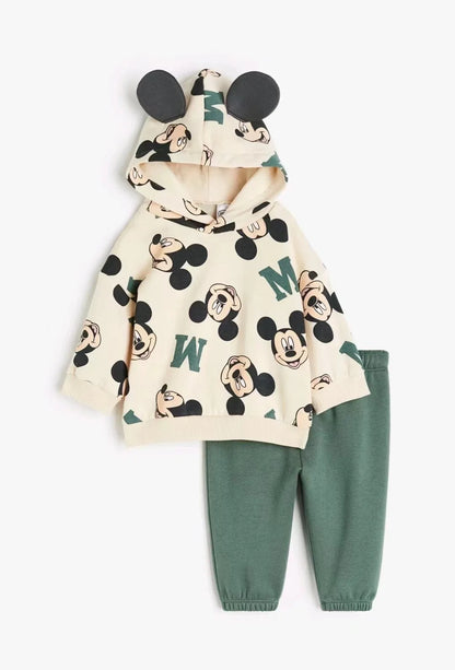 Girls/Boys Mickey Print Long Sleeved Pullover Hooded Sweatshirt & Trousers Set (Age 9M-6YRS)