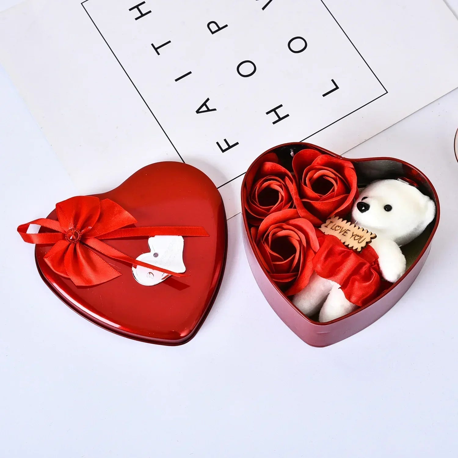 Heart Shaped Soap Flower Teddy Bear Gift Box Red