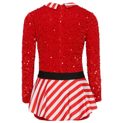 Girls Christmas Candy Cane Long Sleeve Sequin Stripe Costume (Age 6-16 YRS)