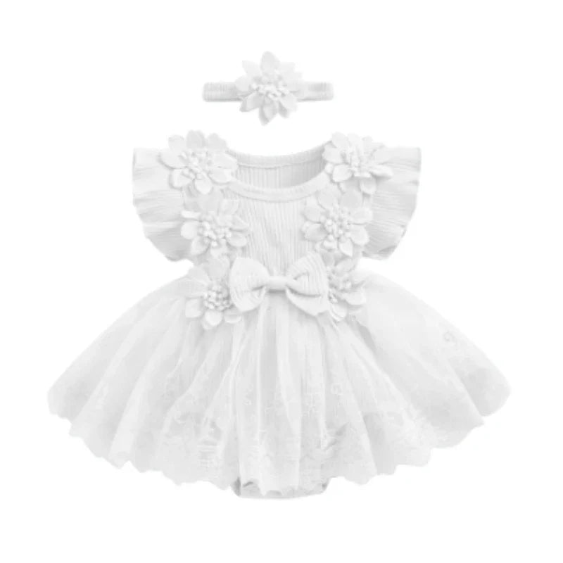 Baby Girls Romper Lace Ruffle Dress & Headband (Age 3-18M) White 1