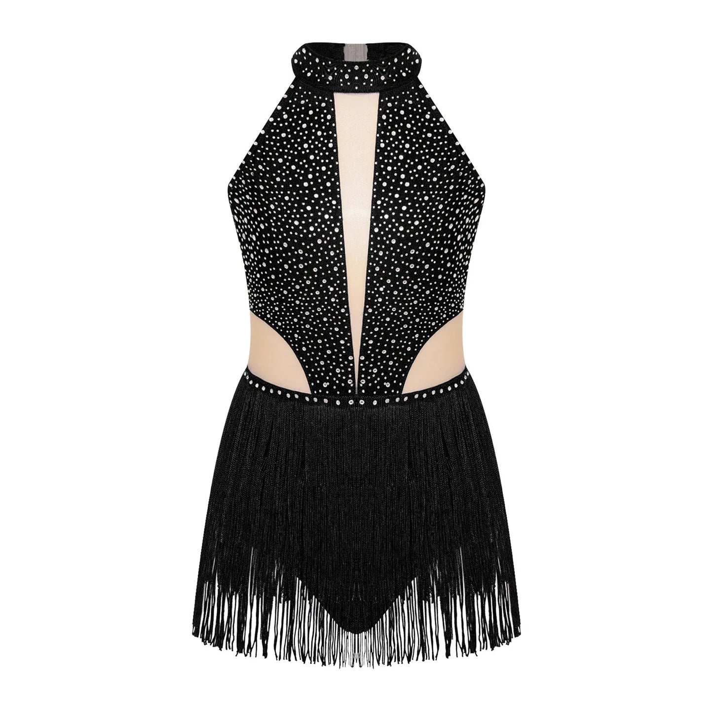 Girls Dance Costume Sleeveless Rhinestone Tassel Leotard (Age 6-16 YRS)