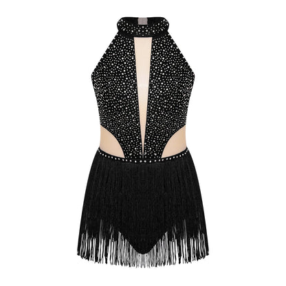 Girls Dance Costume Sleeveless Rhinestone Tassel Leotard (Age 6-16 YRS)