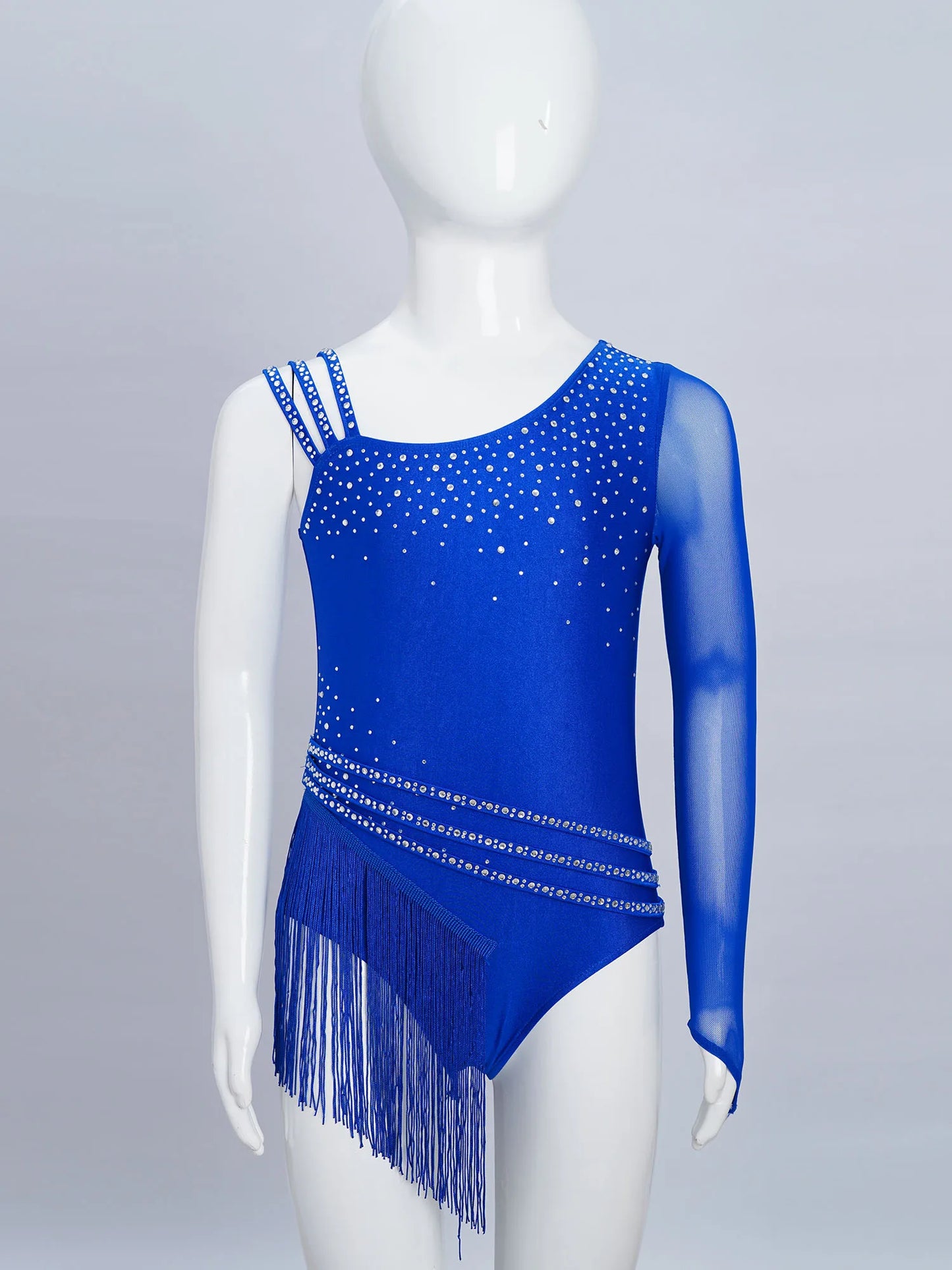 Girls Figure Skating Rhinestone Irregular Tassel Bodysuit Leotard (Age  6-16YRS)