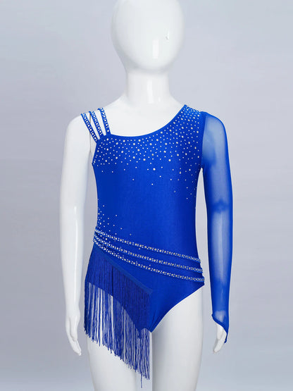 Girls Figure Skating Rhinestone Irregular Tassel Bodysuit Leotard (Age  6-16YRS)