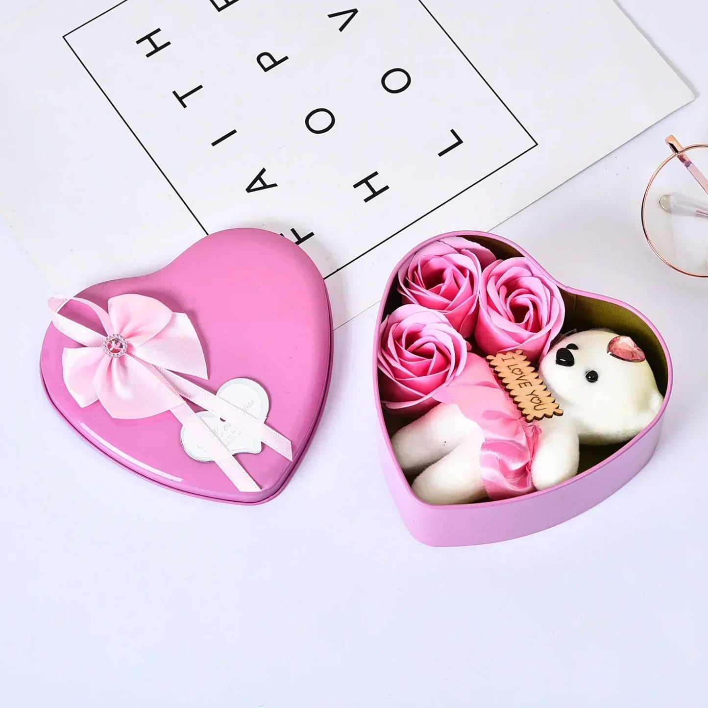 Heart Shaped Soap Flower Teddy Bear Gift Box Pink