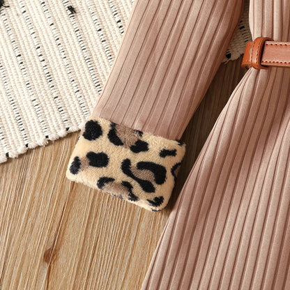 Girls Leopard Print Fleece Splice Lapel Collar Ribbed Dress (Age 24M-6YRS)