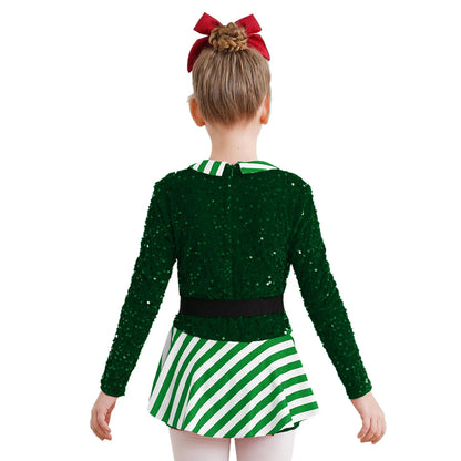 Girls Christmas Candy Cane Long Sleeve Sequin Stripe Costume (Age 6-16 YRS)