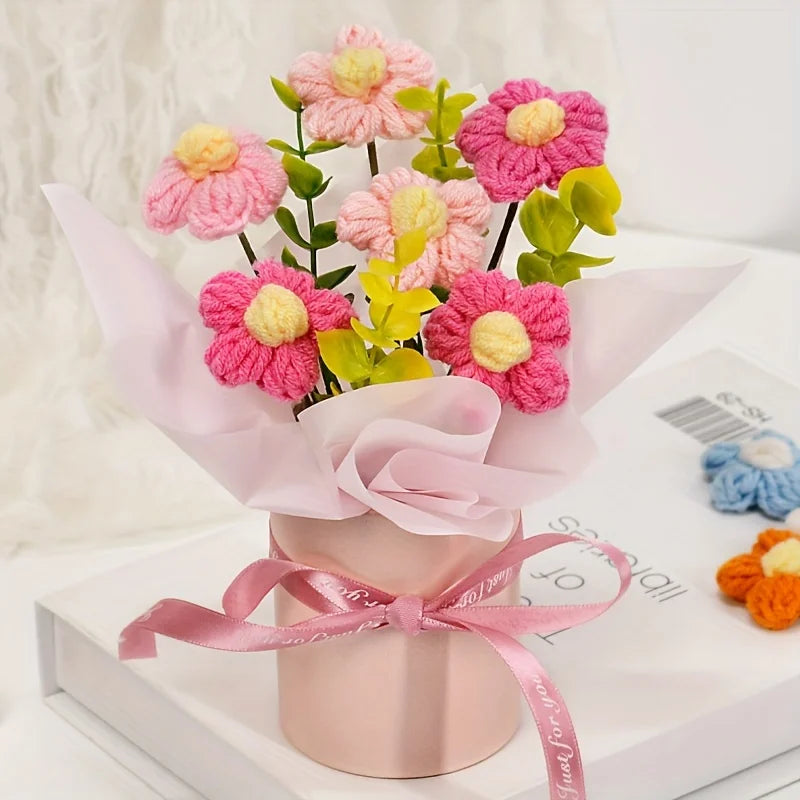 Handmade Knitted Crochet Gift Pink & Red Flower Bouquets Pink