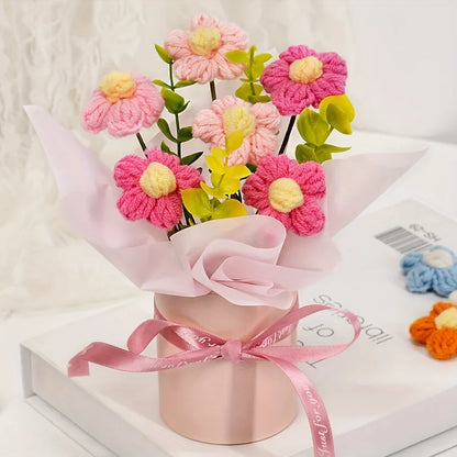 Handmade Knitted Crochet Gift Pink & Red Flower Bouquets Pink