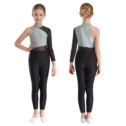 Girls Gymnastics Rhinestones Sheer Mesh Jumpsuit (Age 6-16 YRS)