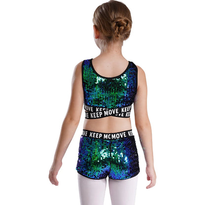 Girls Sequin Dance Top & Shorts Set (Age 4-16YRS)