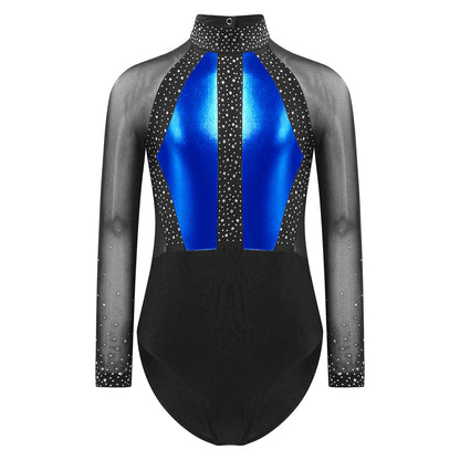 Girls Dance Performance Costume Long Sleeve Rhinestone Leotard (Age 6-16 YRS)