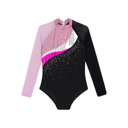 Girls Ballet Dance Leotard Gymnastics  Rhinestones Sheer Mesh Long Sleeve (Age 4-16 YRS)