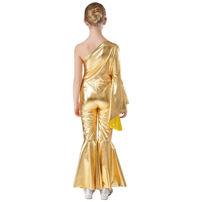 Girls Dance Metallic One Shoulder Bell-Bottom Jumpsuit (Age 6-16YRS)