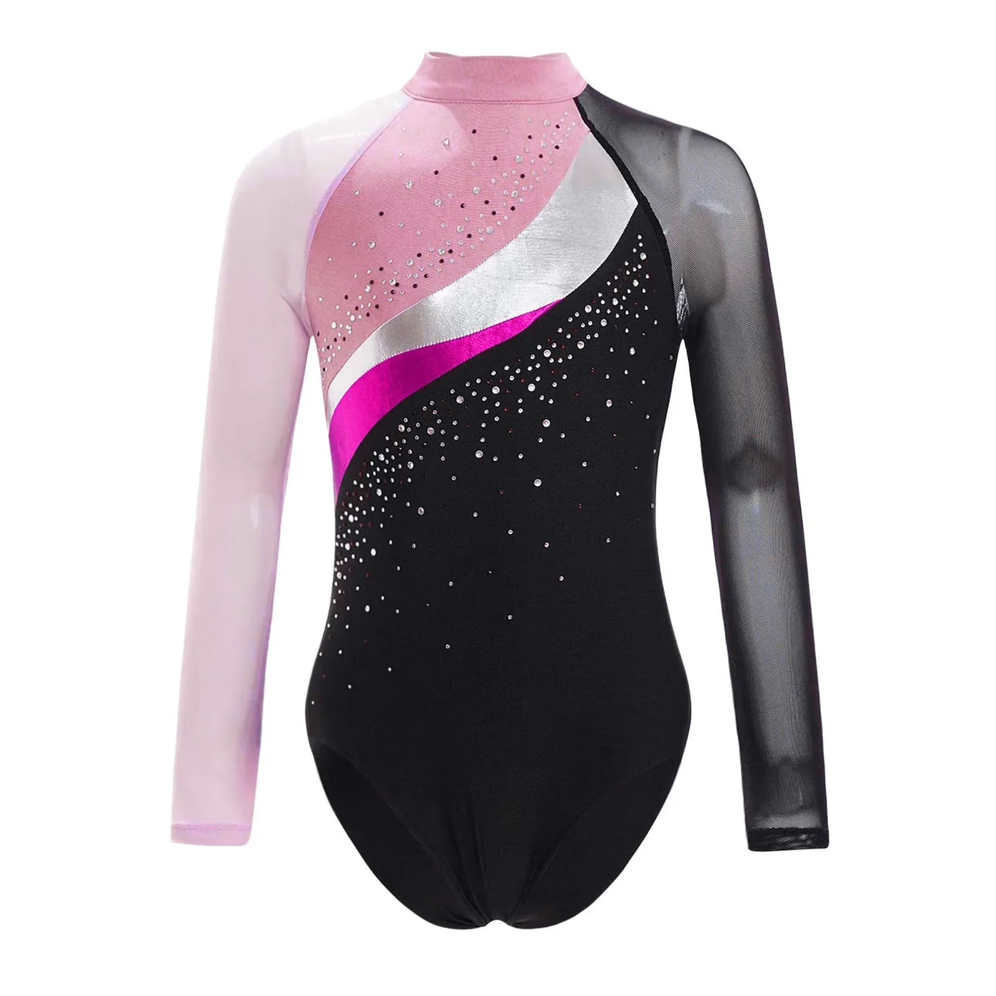 Girls Ballet Dance Leotard Gymnastics  Rhinestones Sheer Mesh Long Sleeve (Age 4-16 YRS)