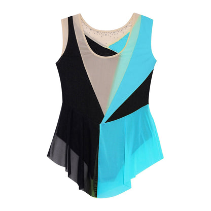 Rhinestone Gymnastics Figure Skating Dress for Teen Girls Sleeveless Sheer Mesh Tutu Ballet Leotard Lyrical Performance Costume