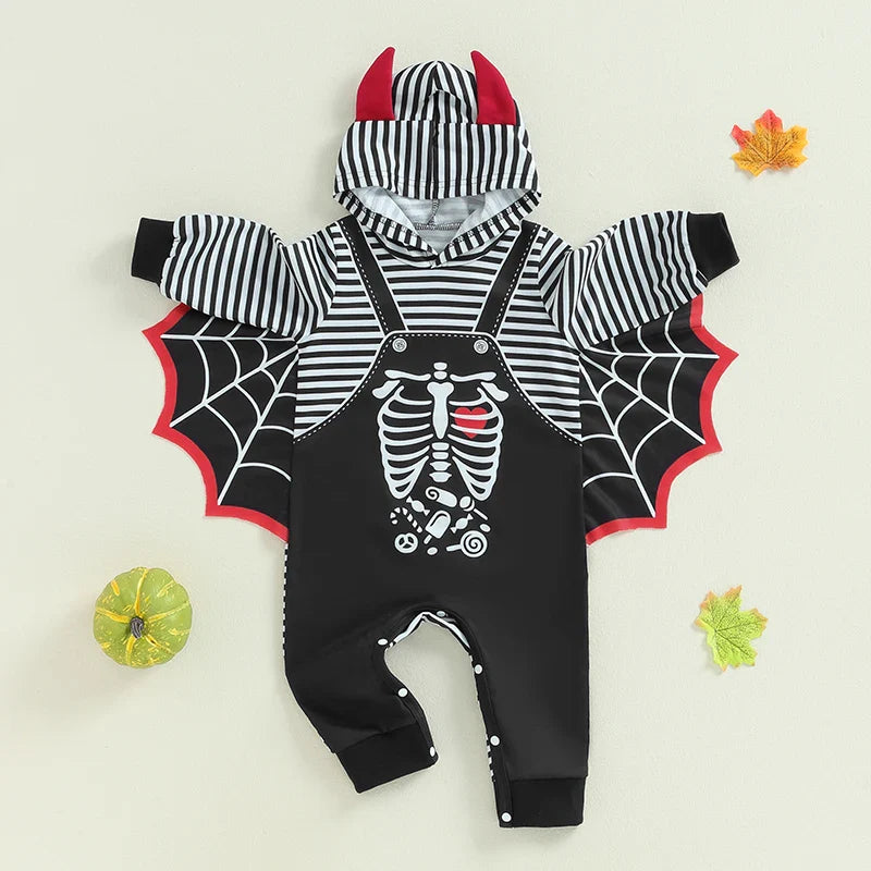 Baby Halloween Bat Costume Romper – Skeleton Cobweb Hooded Jumpsuit with Big Ears | Ages Newborn–24M