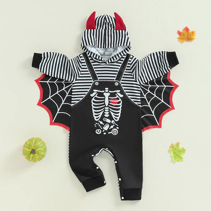Baby Halloween Bat Costume Romper – Skeleton Cobweb Hooded Jumpsuit with Big Ears | Ages Newborn–24M