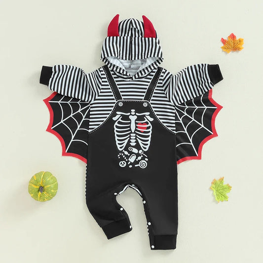 Baby Halloween Bat Costume Romper – Skeleton Cobweb Hooded Jumpsuit with Big Ears | Ages Newborn–24M