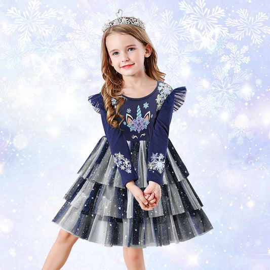 Girls Navy Unicorn Snowflake Tulle Dress (Age 3-8YRS)