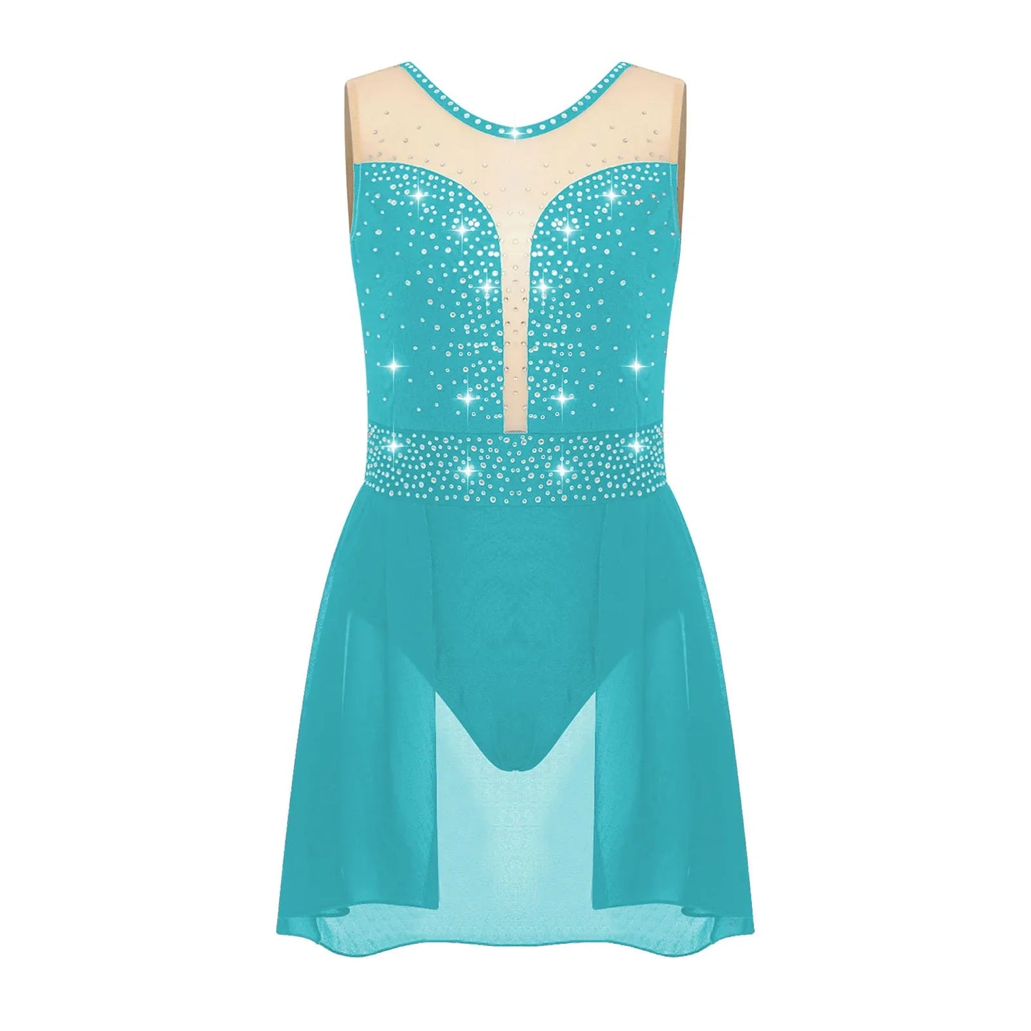 Rhinestone Gymnastics Figure Skating Dress for Teen Girls Sleeveless Sheer Mesh Tutu Ballet Leotard Lyrical Performance Costume