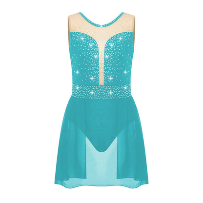 Rhinestone Gymnastics Figure Skating Dress for Teen Girls Sleeveless Sheer Mesh Tutu Ballet Leotard Lyrical Performance Costume