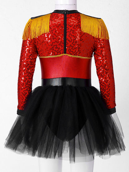 Girls Circus Ringmaster Magician Sequin Leotard Tutu Dress Costume (Age 6-16 YRS)