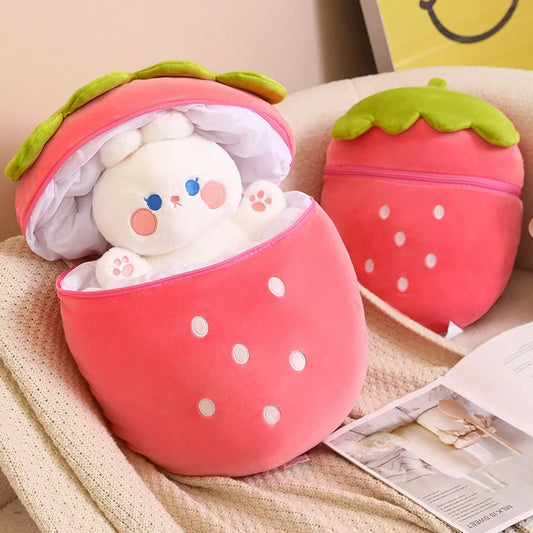 Plush Rabbit Hiding in Strawberry Bag Stuffed Toy 30-80cm