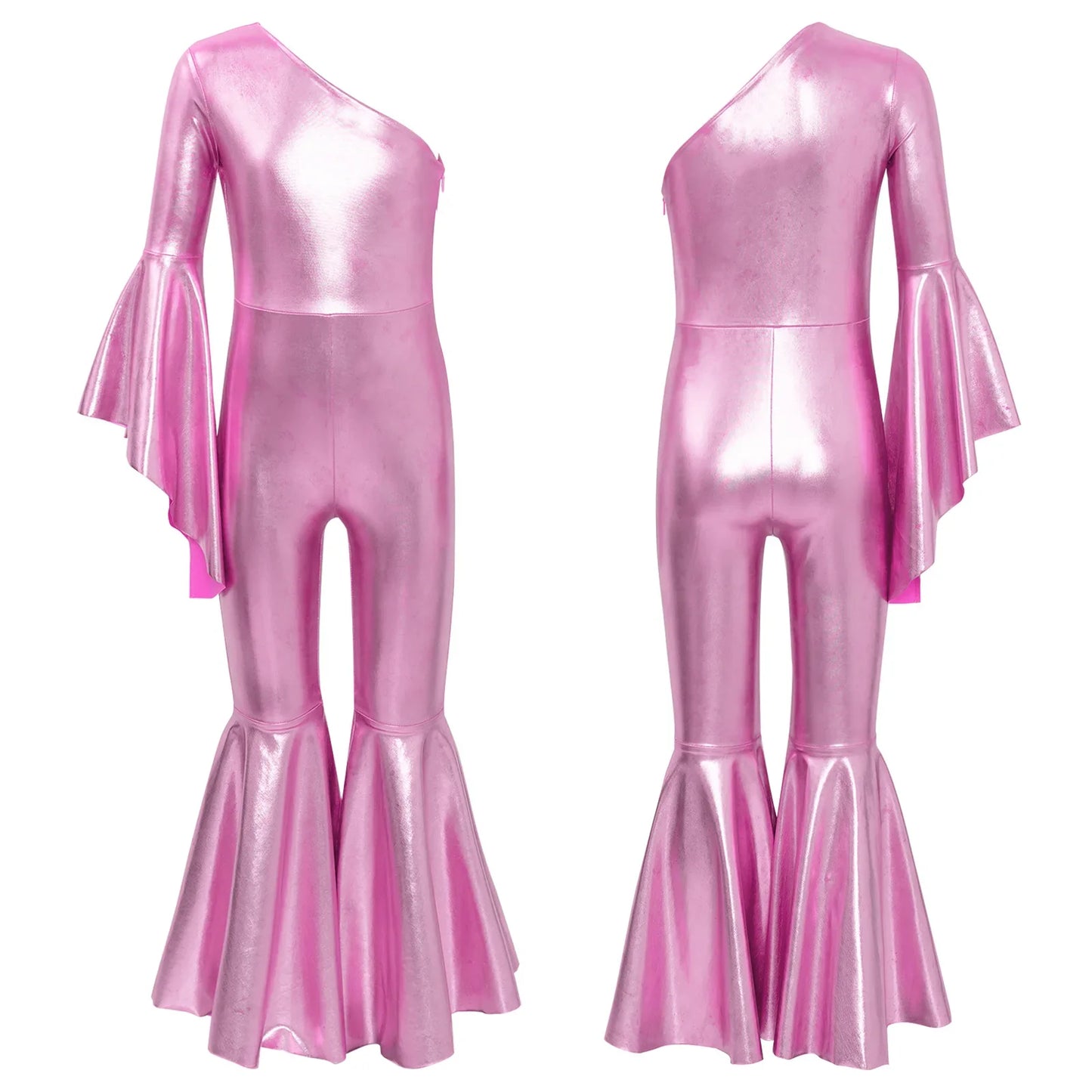 Girls Dance Metallic One Shoulder Bell-Bottom Jumpsuit (Age 6-16YRS)