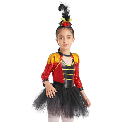Girls Circus Ringmaster Magician Sequin Leotard Tutu Dress Costume (Age 6-16 YRS)