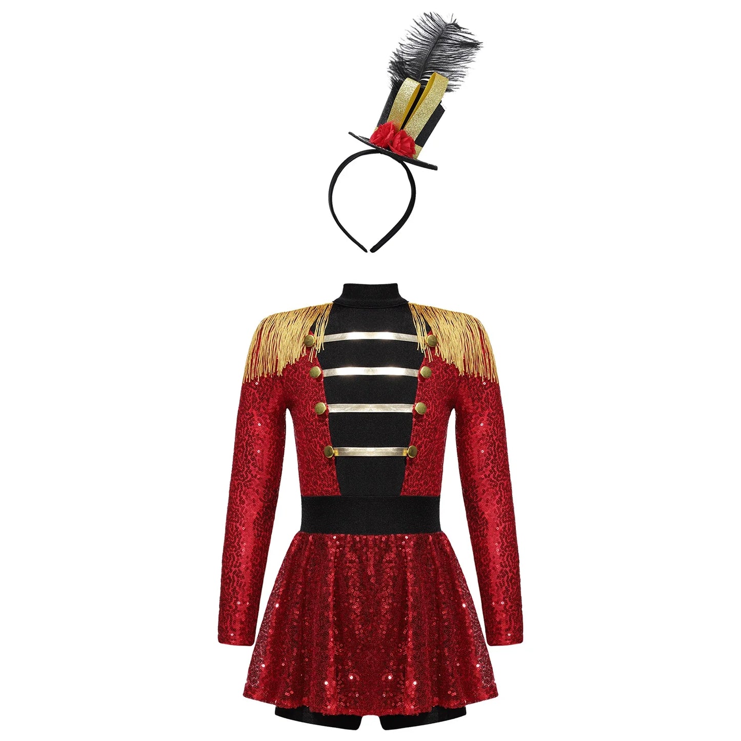 Girls Halloween Circus Ringmaster  Costume Long Sleeve Sequin Leotard Dress (Age 6-14YRS)