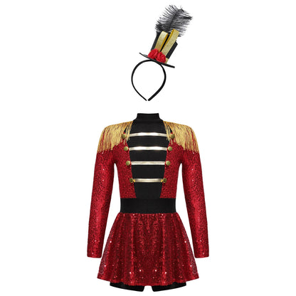 Girls Halloween Circus Ringmaster  Costume Long Sleeve Sequin Leotard Dress (Age 6-14YRS)